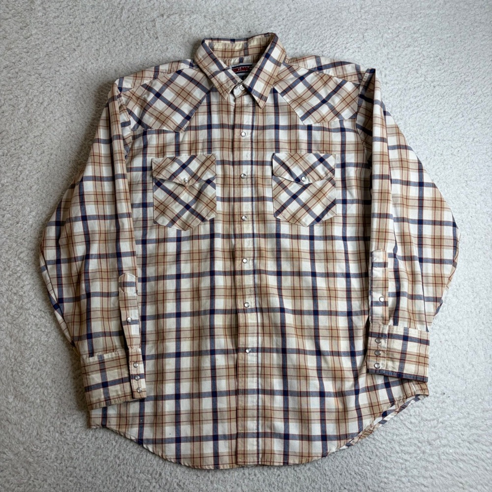 Vintage Big Mac Mens Large Plaid Pearl Snap Western Shirt Tan Blue Made in USA